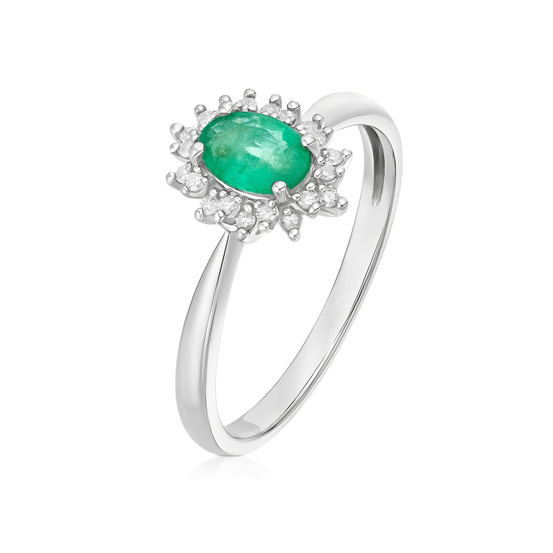Main Image 2 of 9ct White Gold Emerald & 0.07ct Diamond Halo Ring