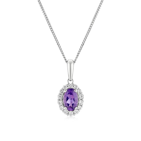 9ct White Gold Amethyst and 0.15ct Diamond Halo Pendant