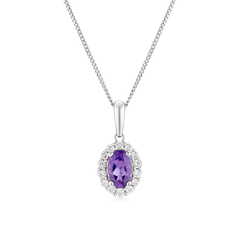 Main Image 1 of 9ct White Gold Amethyst & 0.15ct Diamond Halo Pendant