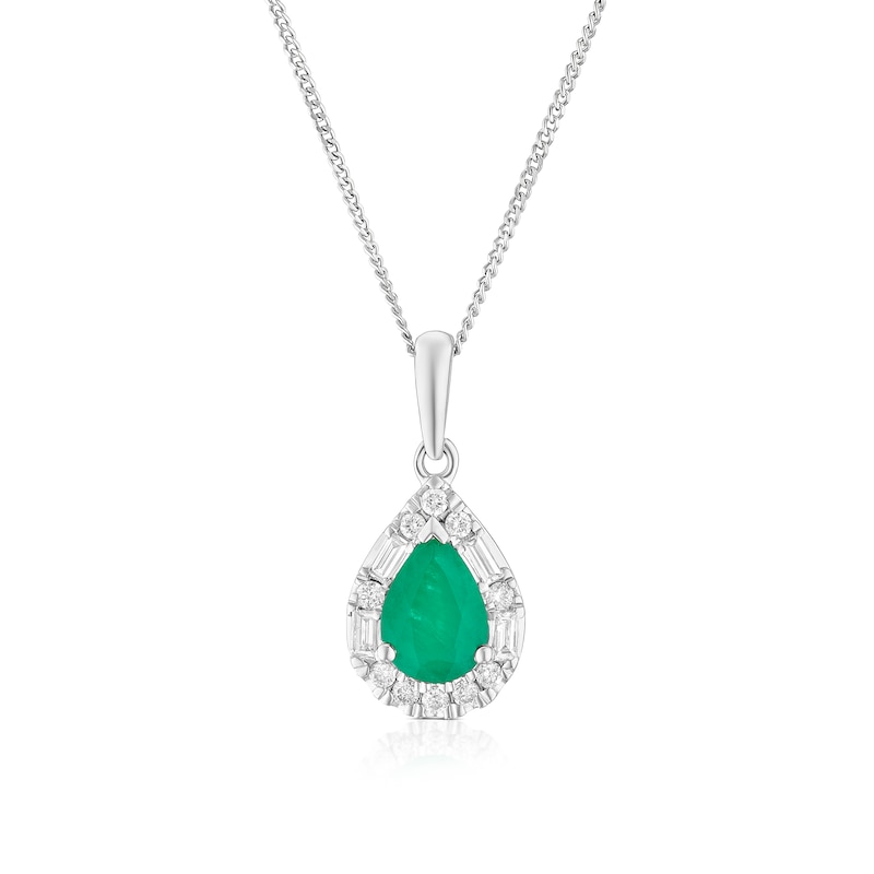 Main Image 1 of 9ct White Gold Emerald 0.15ct Diamond Pear Shaped Halo Pendant
