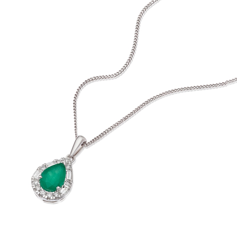 Main Image 2 of 9ct White Gold Emerald 0.15ct Diamond Pear Shaped Halo Pendant