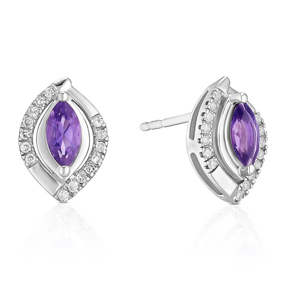 9ct White Gold Amethyst and 0.10ct Diamond Stud Earrings