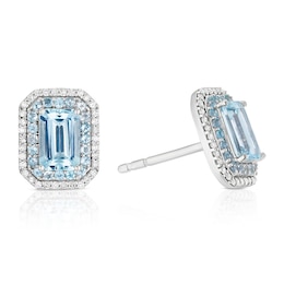 9ct White Gold Aquamarine 0.12ct Diamond Double Halo Earrings