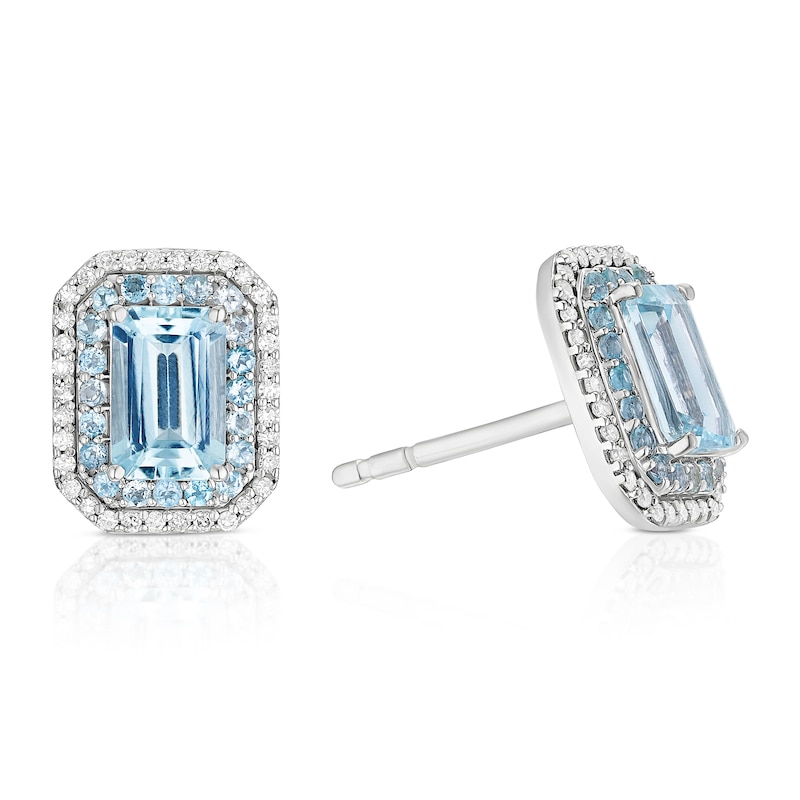Main Image 1 of 9ct White Gold Aquamarine 0.12ct Diamond Double Halo Earrings