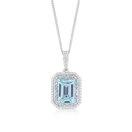 9ct White Gold Aquamarine & 0.10ct Diamond Double Halo Pendant