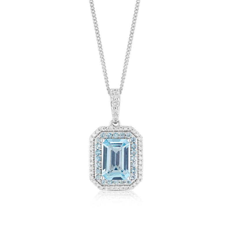 Main Image 1 of 9ct White Gold Aquamarine & 0.10ct Diamond Double Halo Pendant