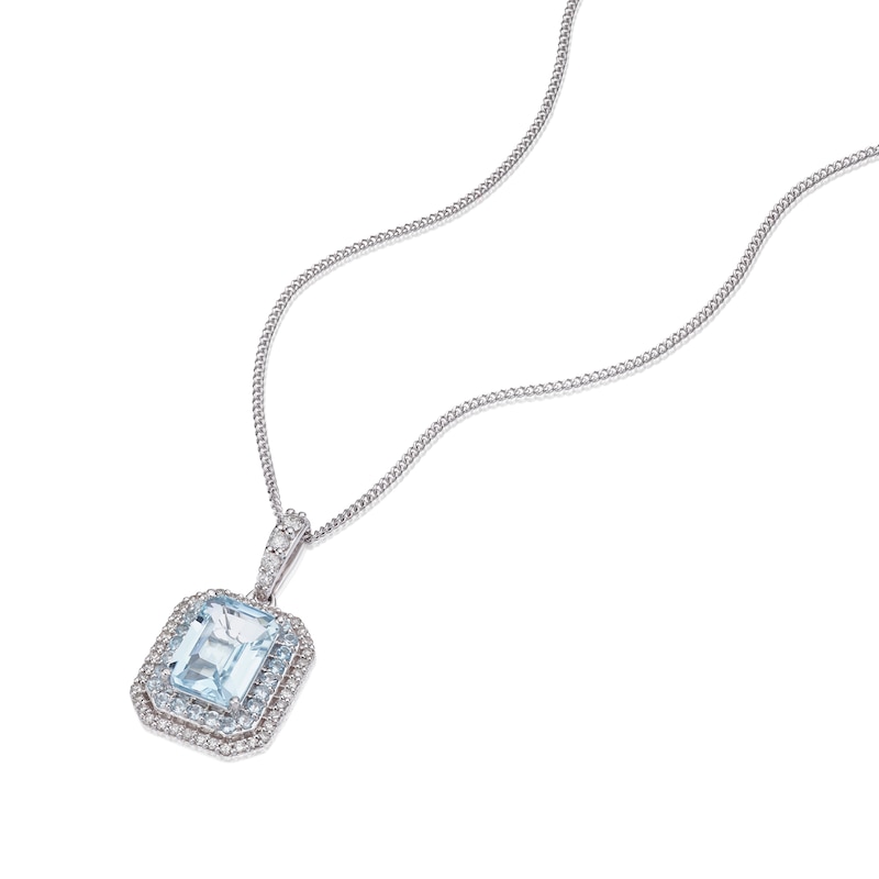 Main Image 2 of 9ct White Gold Aquamarine & 0.10ct Diamond Double Halo Pendant