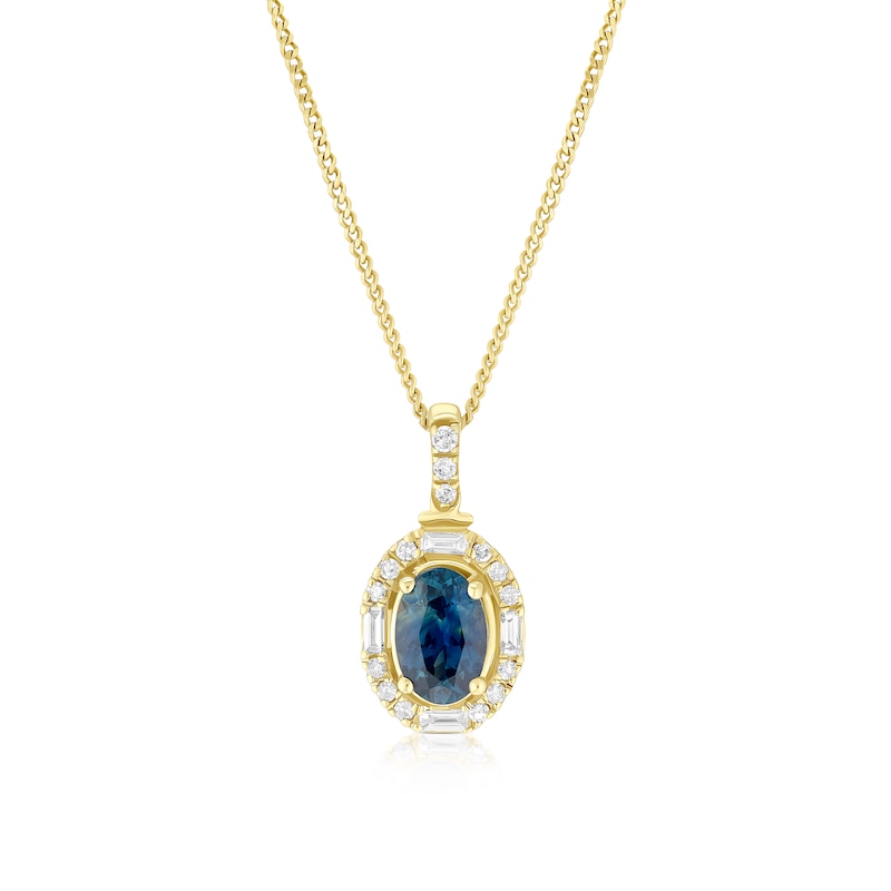 Main Image 1 of 9ct Yellow Gold Montana Blue Sapphire & 0.10ct Diamond Oval Shaped Necklace