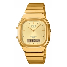 Casio AQ-240E-9AVEF Vintage Gold-Tone Dual Display Square Dial Bracelet Watch