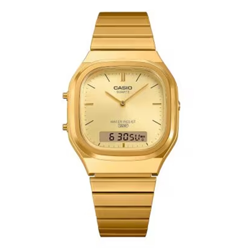 Main Image 2 of Casio AQ-240E-9AVEF Vintage Gold-Tone Dual Display Square Dial Bracelet Watch