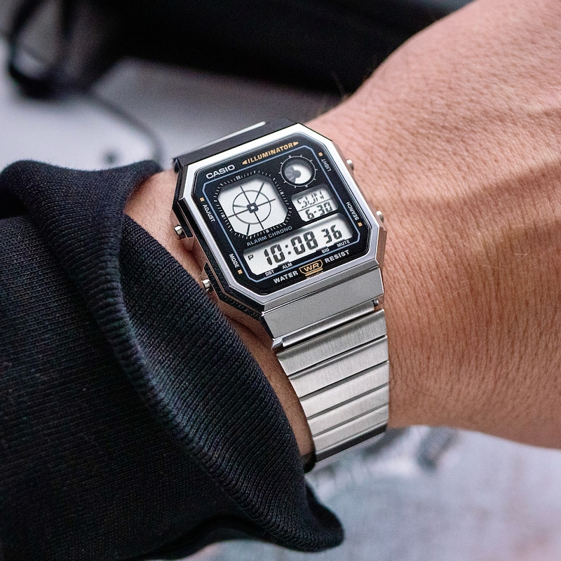 Main Image 6 of Casio A130WE-1AEF Retro Vintage Black Square Dial & Stainless Steel  Watch