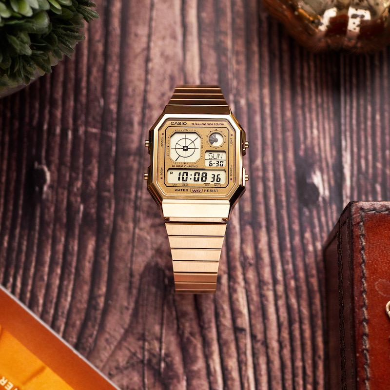 Main Image 3 of Casio A130WEG-9AEF Retro Vintage Square Dial & Gold-Tone Bracelet Watch
