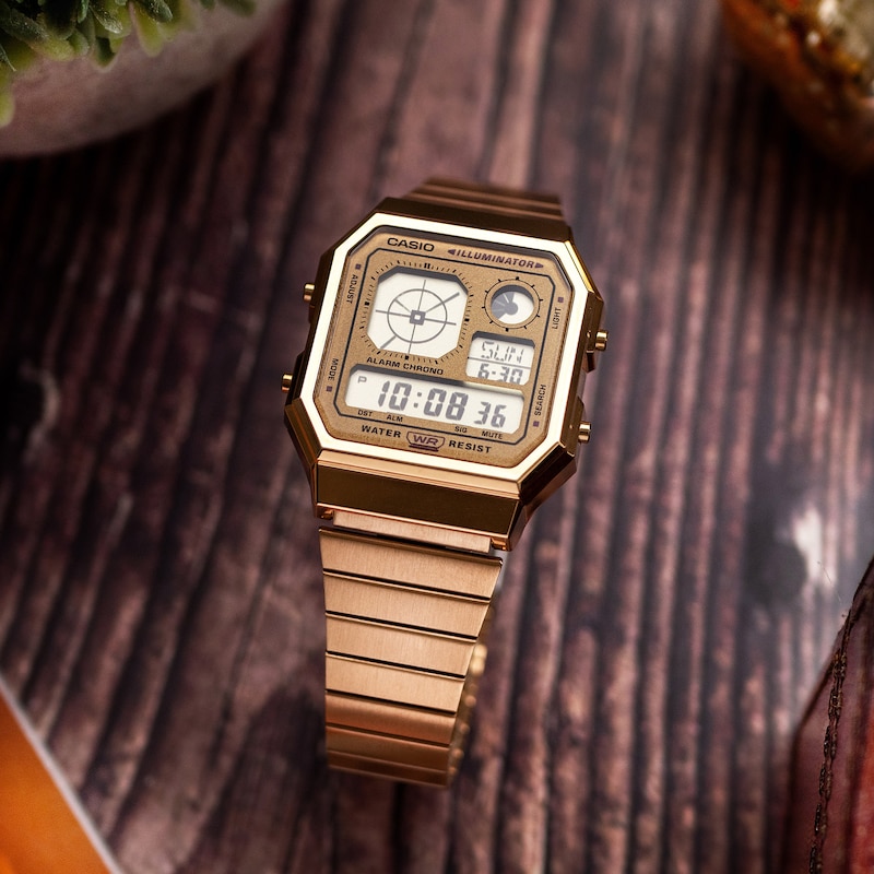 Main Image 4 of Casio A130WEG-9AEF Retro Vintage Square Dial & Gold-Tone Bracelet Watch