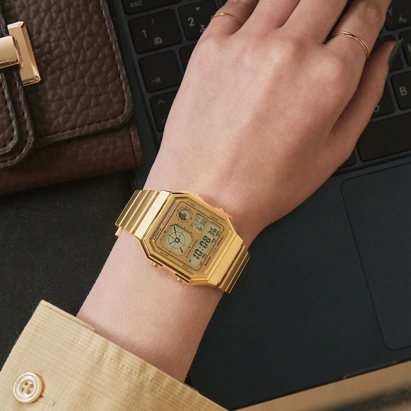 Main Image 6 of Casio A130WEG-9AEF Retro Vintage Square Dial & Gold-Tone Bracelet Watch