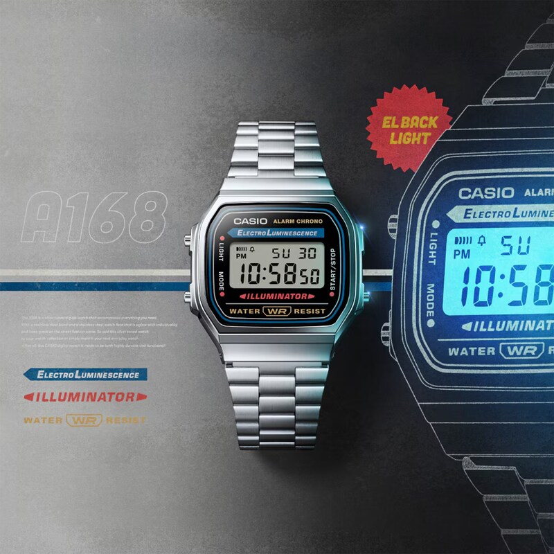 Main Image 8 of Casio A168WA-1YES Vintage Stainless Steel Bracelet Watch