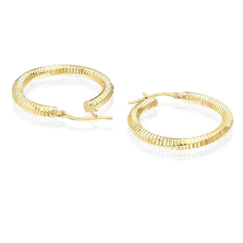 Main Image 2 of 9ct Yellow Gold Linear Textured Round Hoop Earrings