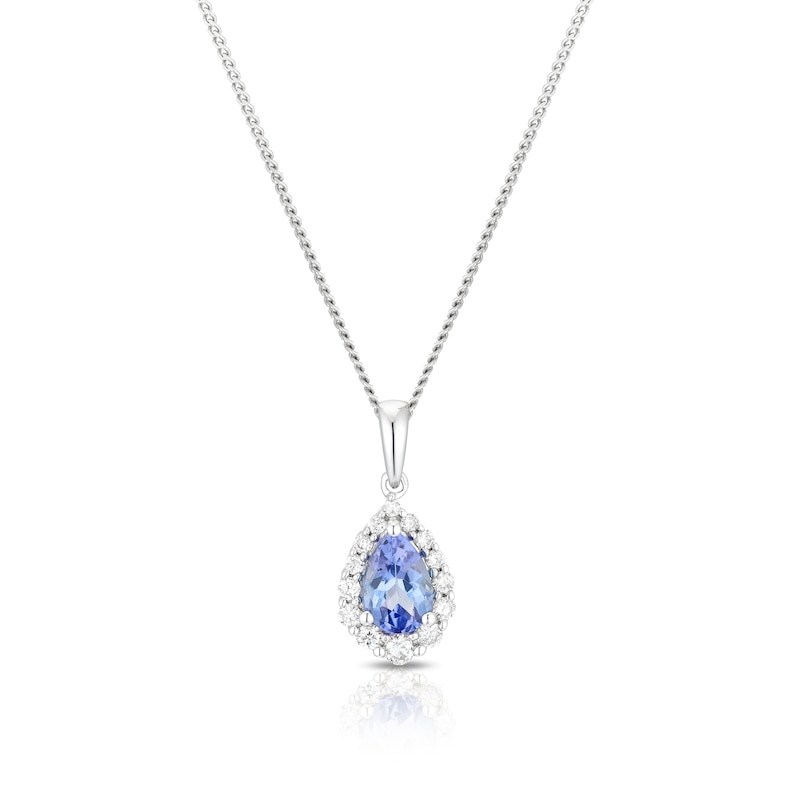 Main Image 1 of 9ct White Gold Tanzanite 0.12ct Diamond Pear Shaped Halo Pendant