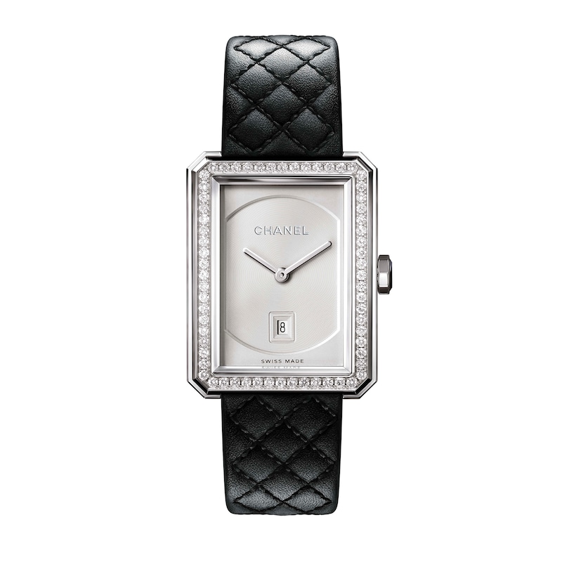 CHANEL Boy-Friend Ladies' Diamond Bezel Black Quilted Leather Strap Watch