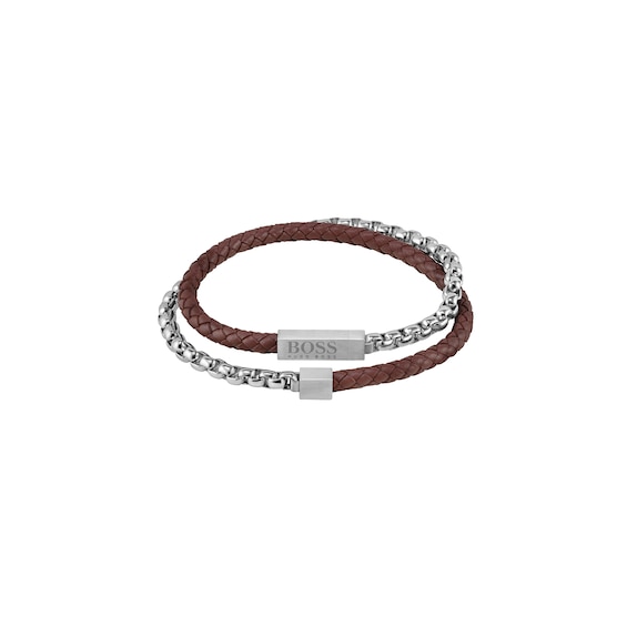 BOSS Blended Men’s Stainless Steel & Brown Leather Bracelet