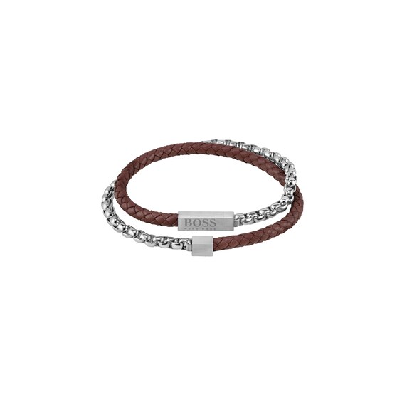 BOSS Blended Men’s Stainless Steel & Brown Leather Bracelet