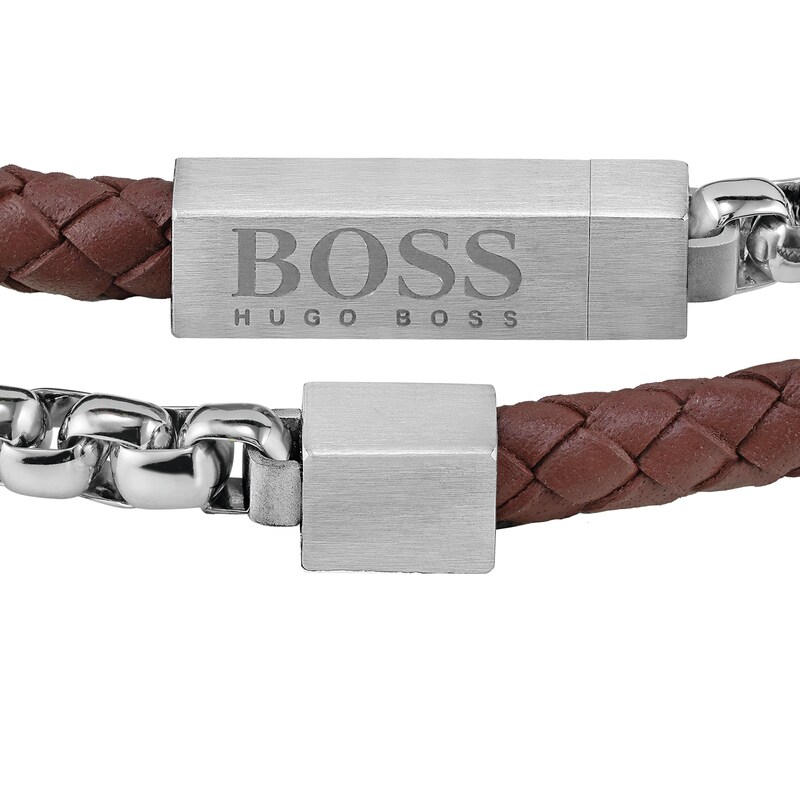 BOSS Blended Men's Stainless Steel & Brown Leather Bracelet