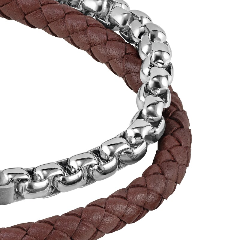 BOSS Blended Men's Stainless Steel & Brown Leather Bracelet