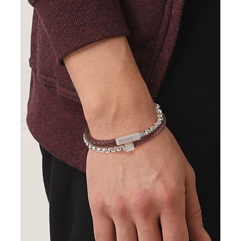 BOSS Blended Men's Stainless Steel & Brown Leather Bracelet