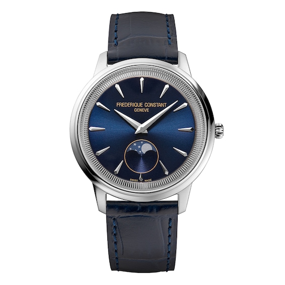Men's Frederique Constant Moneta Moonphase Blue Dial Blue Leather Strap Watch