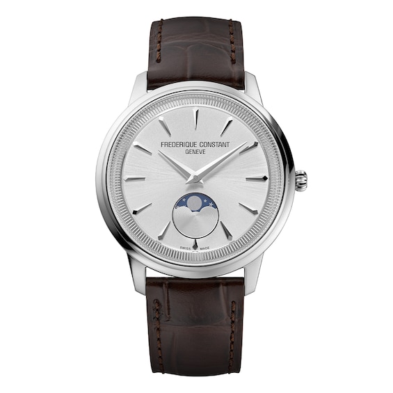Men's Frederique Constant Moneta Moonphase Silver Dial Brown Leather Strap Watch