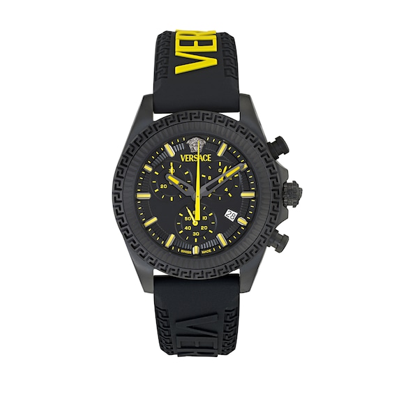 Men's Versace Fornax Black Dial Yellow & Black Logo Silicone Strap Watch