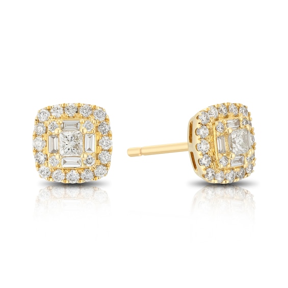 9ct Yellow Gold 0.50ct Diamond Cushion Cluster Stud Earrings