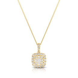 9ct Yellow Gold 0.50ct Diamond Cushion Cluster Pendant Necklace