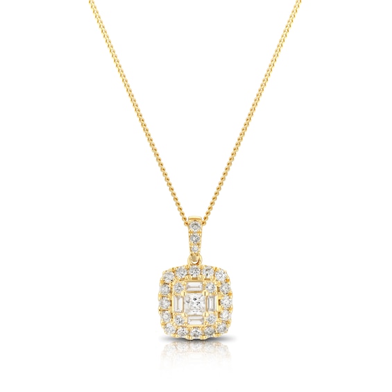9ct Yellow Gold 0.50ct Diamond Cushion Cluster Pendant Neckl
