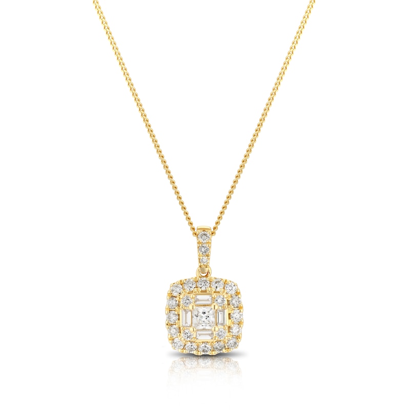 Main Image 1 of 9ct Yellow Gold 0.50ct Diamond Cushion Cluster Pendant Necklace