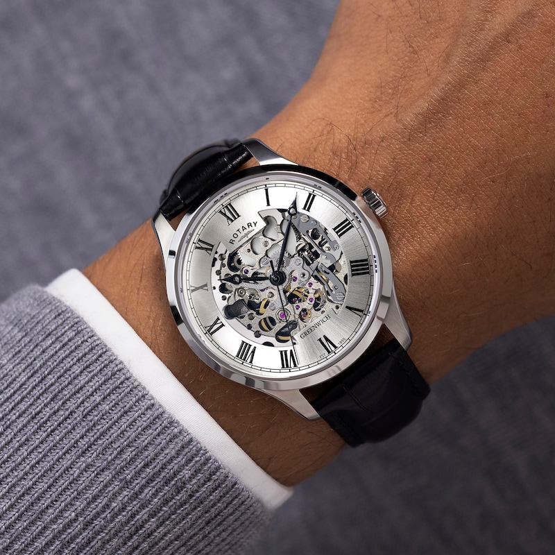 Main Image 4 of Rotary Greenwich Men's Skeleton Dial & Black Leather Strap Watch