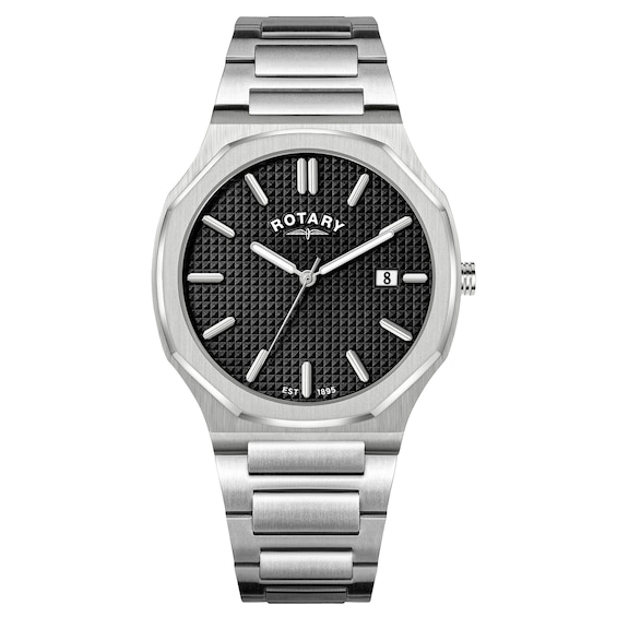 Men's Rotary Heritage Octagonal Black Dial & Stainless Steel Bracelet Watch