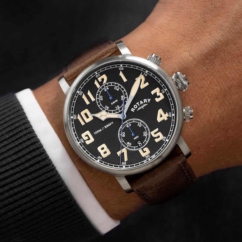 Main Image 3 of Rotary Heritage Pilot 100m Brown Leather Strap Watch