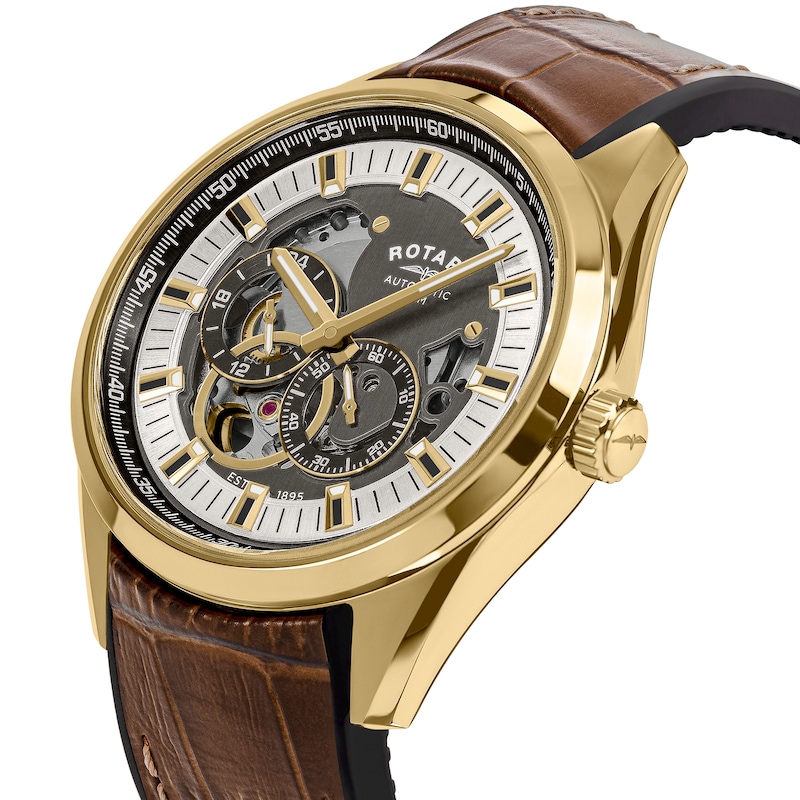 Main Image 2 of Rotary Men's Seamatic Eclipse Gold Tone & Brown Leather Strap Watch