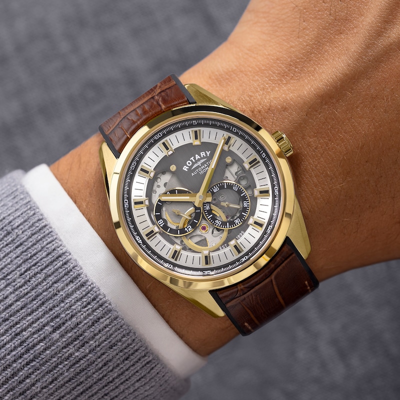 Main Image 3 of Rotary Men's Seamatic Eclipse Gold Tone & Brown Leather Strap Watch