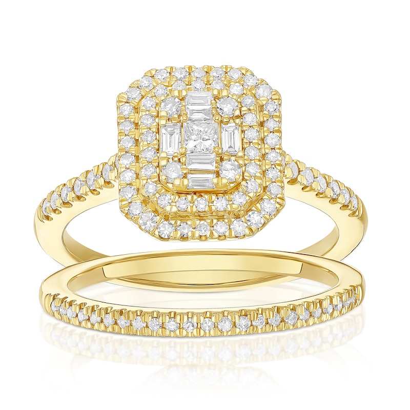 Main Image 1 of Engagement Ring 18ct Yellow Gold Emerald Shaped Halo Cluster Bridal Set 0.50ct Diamond Ring