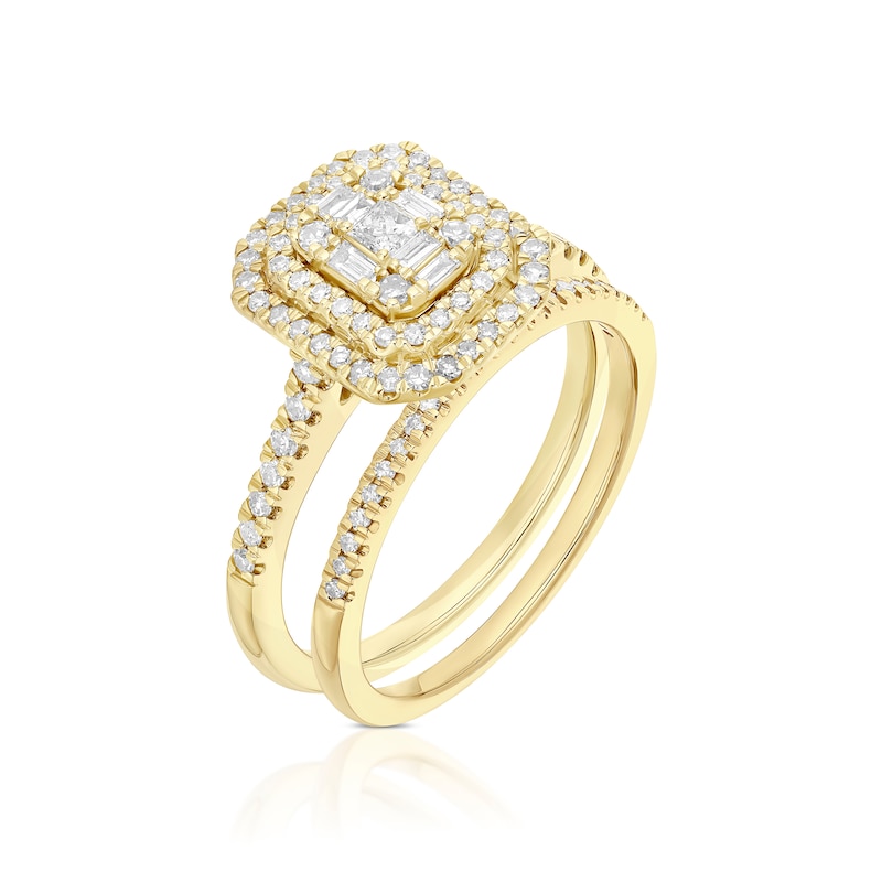Main Image 2 of Engagement Ring 18ct Yellow Gold Emerald Shaped Halo Cluster Bridal Set 0.50ct Diamond Ring