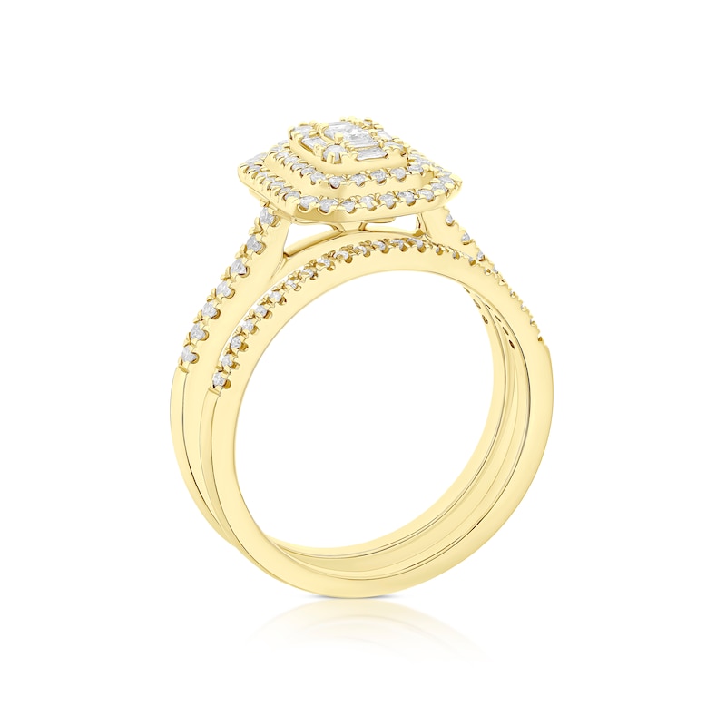 Main Image 3 of Engagement Ring 18ct Yellow Gold Emerald Shaped Halo Cluster Bridal Set 0.50ct Diamond Ring