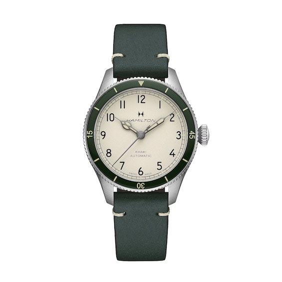 Men's Hamilton Khaki Aviation Pilot Pioneer 38Mm Moss Green Leather Strap Watch