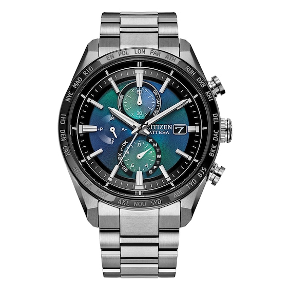 Men's Citizen Eco-Drive Attesa Iridescent Dial & Silver Tone Super Titanium Bracelet Watch