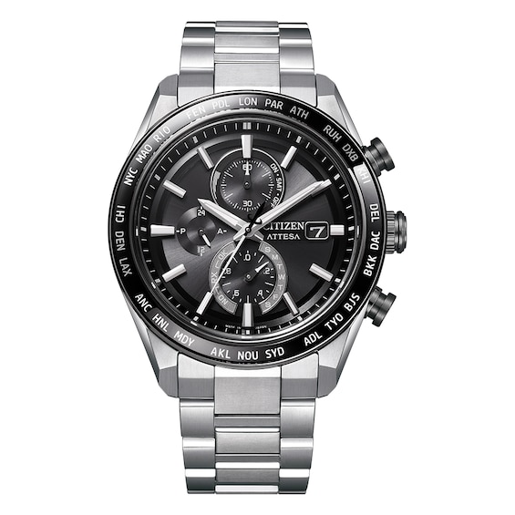 Citizen Eco-Drive Attesa Mens Black Dial Chronograph Silver 