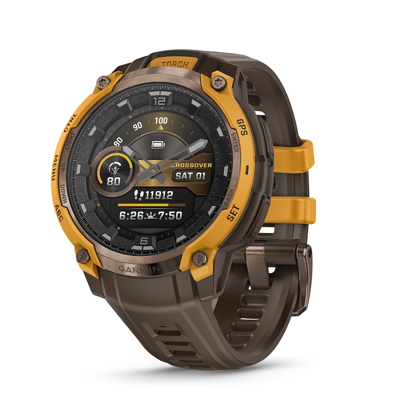Main Image 1 of Garmin Instinct Crossover AMOLED Bronze Sunburst Dial Cocoa Silicone Strap Watch