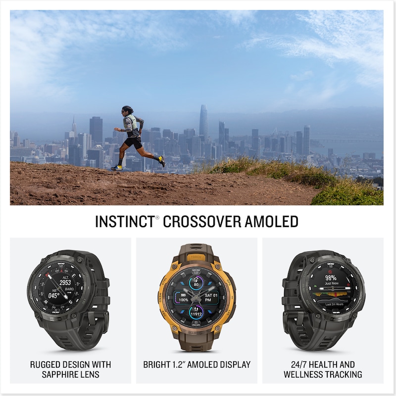 Main Image 2 of Garmin Instinct Crossover AMOLED Bronze Sunburst Dial Cocoa Silicone Strap Watch