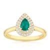 Thumbnail Image 1 of Origin 18ct Yellow Gold Emerald Double Pear Shaped Halo 0.20ct Diamond Ring