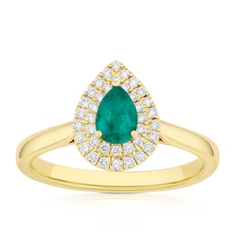 Origin 18ct Yellow Gold Emerald Double Pear Shaped Halo 0.20ct Diamond Ring