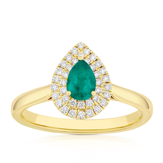 Origin 18ct Yellow Gold Emerald Double Pear Shaped Halo 0.20